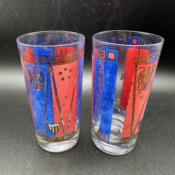 Georges Briard Glasses Gold Barware Tall Highball Patriotic Red Blue MCM Eagle - Picture 15 of 15
